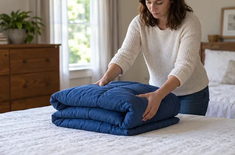 Pessoa dobra um edredom azul sobre uma cama limpa.