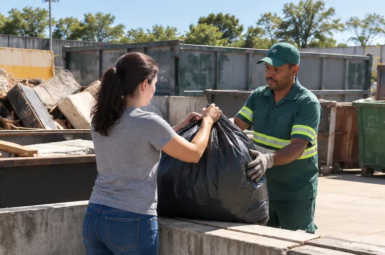 Moradora entregando um saco com edredom a um trabalhador em uma área de recebimento de resíduos volumosos