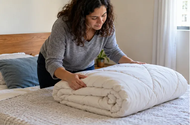 Uma mulher examina um edredom branco dobrado sobre a cama antes de decidir se ele ainda pode ser usado.