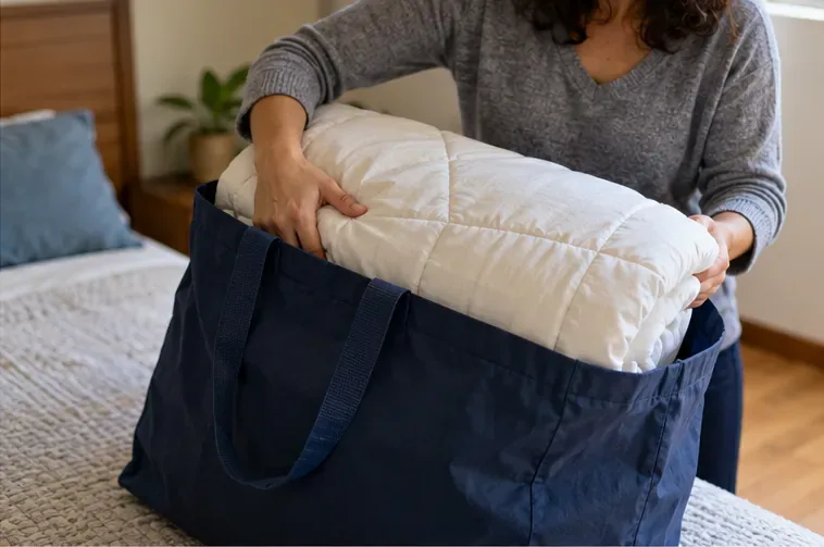 Uma pessoa coloca um edredom branco, limpo e dobrado dentro de uma bolsa azul reutilizável.