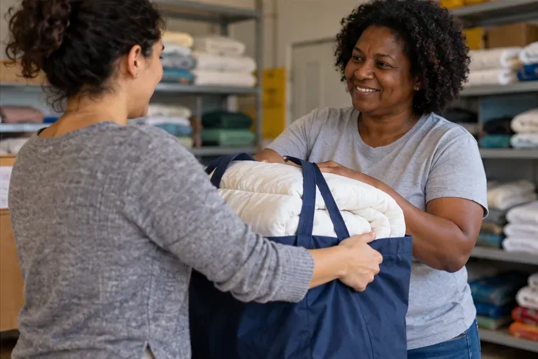 Uma voluntária recebe de uma moradora uma bolsa com roupa de cama dobrada em uma sala organizada para doações.