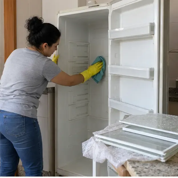 Pessoa usando luvas para limpar o interior vazio de uma geladeira desligada enquanto prateleiras protegidas ficam ao lado