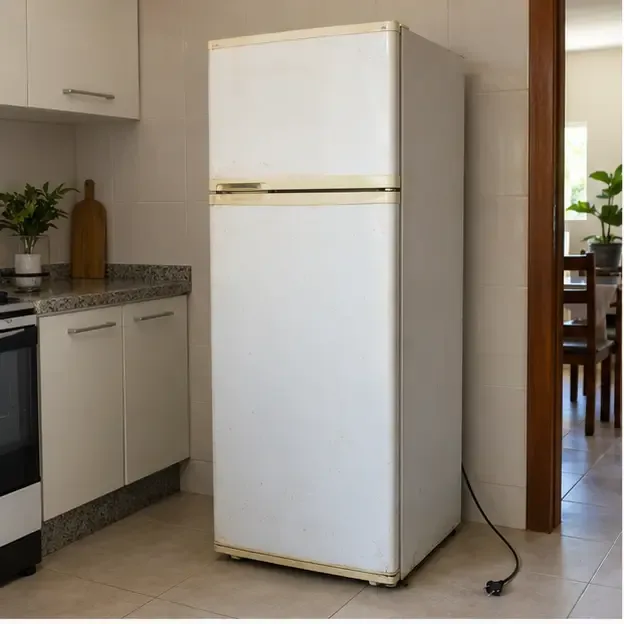 Geladeira antiga desligada e vazia em uma cozinha, com o cabo de energia solto ao lado