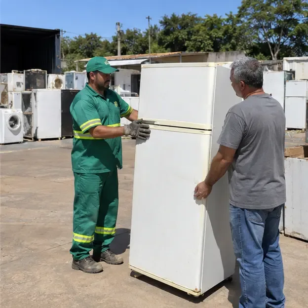 Funcionário de coleta recebendo uma geladeira na posição vertical de um morador em uma área de triagem de eletrodomésticos
