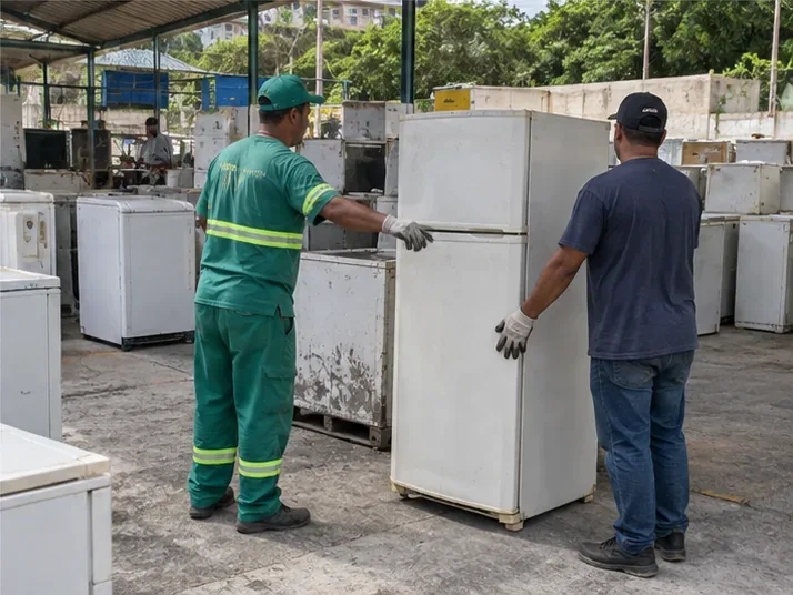 Trabalhador orientando a entrega de uma geladeira em área de recebimento com outros eletrodomésticos usados