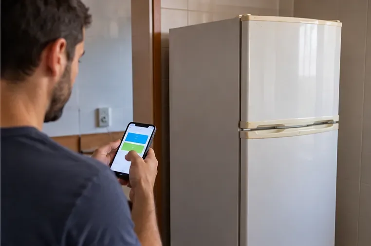 Homem consulta um celular ao lado de uma geladeira usada antes de organizar o descarte