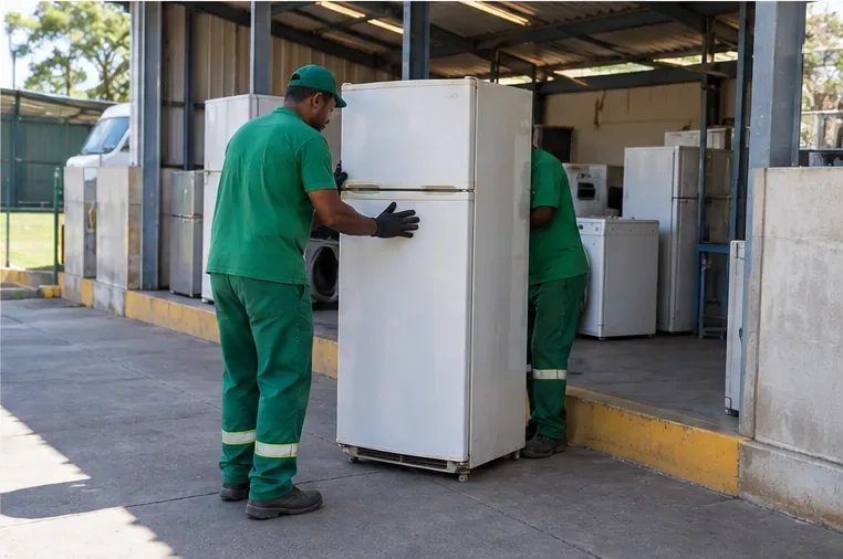 Trabalhadores recebem uma geladeira usada em uma área coberta com outros eletrodomésticos