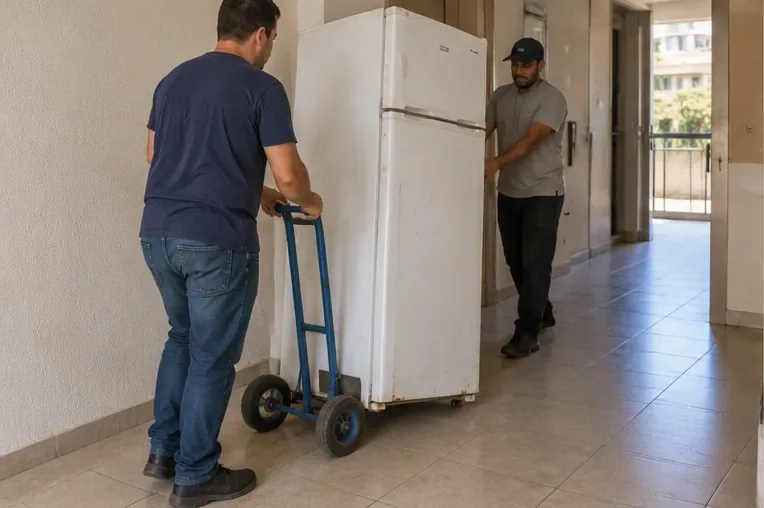 Duas pessoas transportando uma geladeira com carrinho apropriado por um corredor