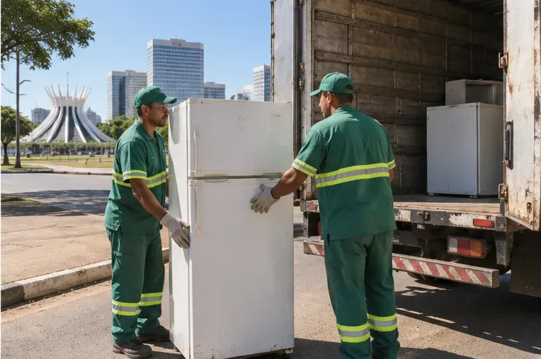 Equipe de coleta colocando uma geladeira em caminhão para encaminhamento à reciclagem