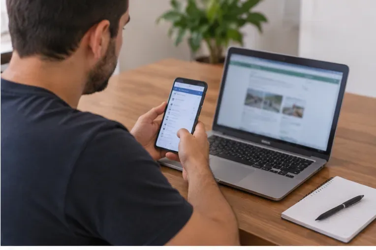 Pessoa consultando no celular e no computador opções de coleta e reciclagem de eletrodomésticos