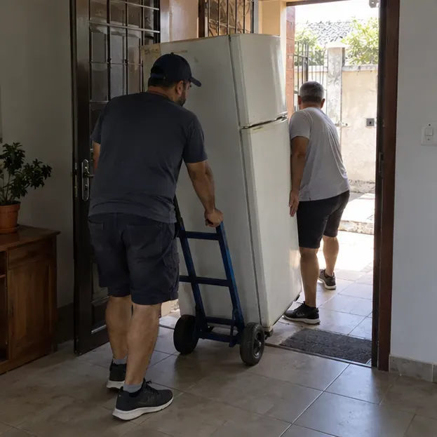 Duas pessoas movimentam uma geladeira na vertical com um carrinho próprio para eletrodomésticos.