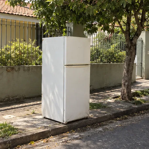 Geladeira em frente a um imóvel, posicionada junto à calçada para uma retirada programada.