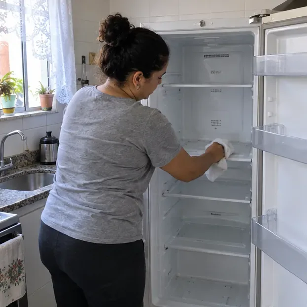 Moradora seca o interior de uma geladeira vazia e desligada depois do descongelamento.