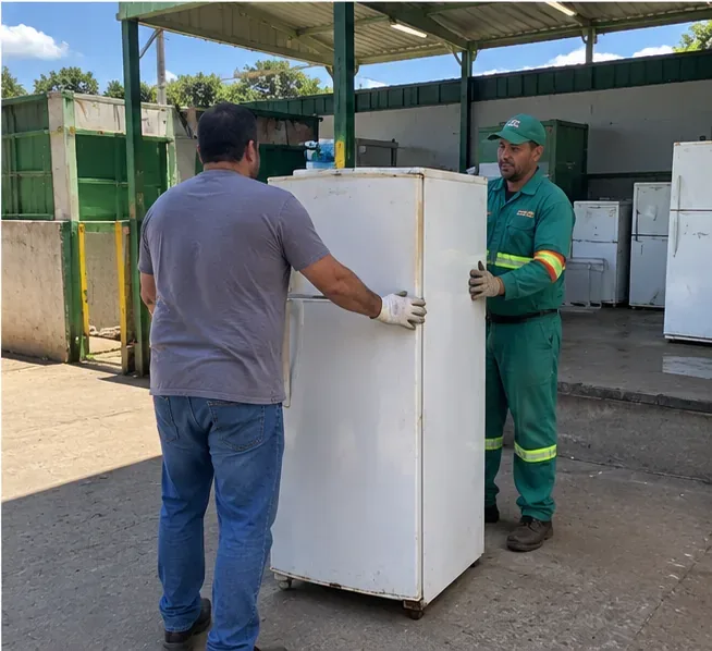 Pessoa entregando uma geladeira antiga a um trabalhador em área de recebimento de eletrodomésticos usados