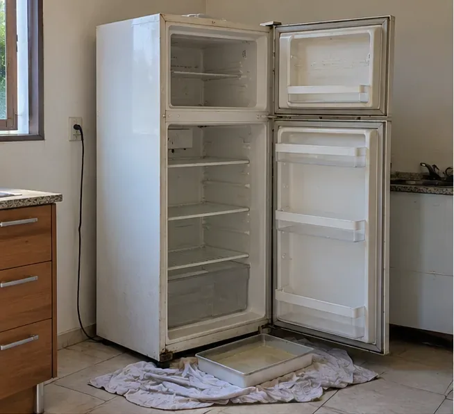 Geladeira antiga vazia e desligada, com portas abertas e bandeja no piso para limpeza antes do descarte