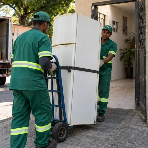 Equipe de coleta transporta uma geladeira presa na vertical em um carrinho