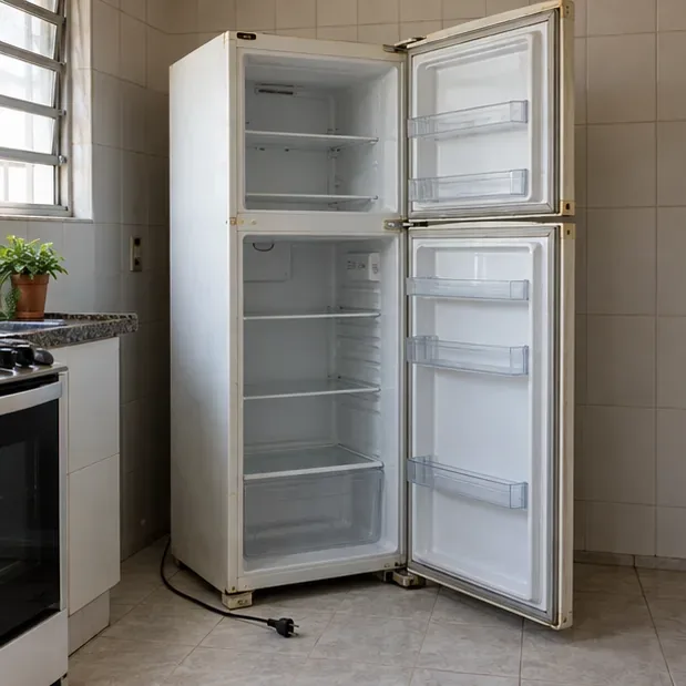Geladeira antiga vazia, limpa e desligada em uma cozinha residencial