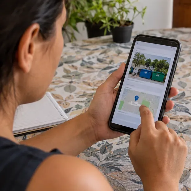 Pessoa consulta no celular um ponto de recebimento e uma localização para descarte