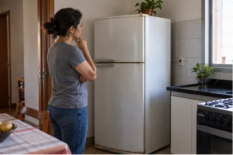 Pessoa observa uma geladeira antiga na cozinha antes de decidir entre doação, conserto ou descarte