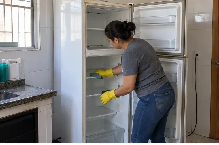 Pessoa limpando o interior de uma geladeira antiga já vazia e desligada