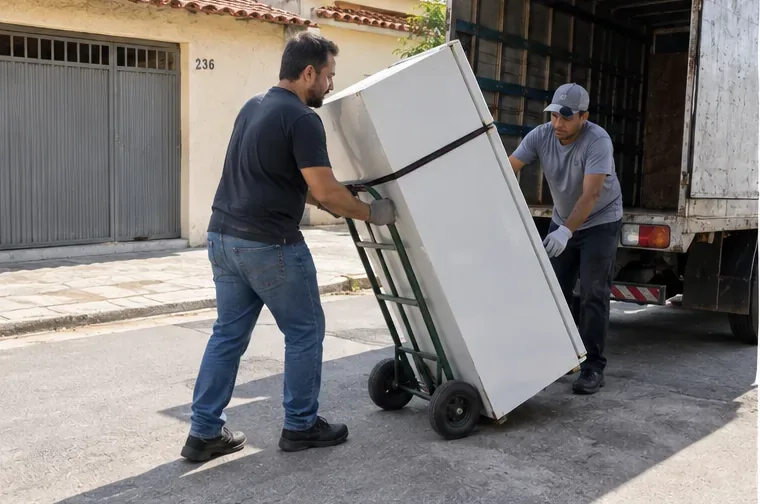 Dois trabalhadores movimentando uma geladeira em carrinho de carga para colocá-la em um caminhão