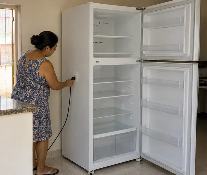 Geladeira vazia aberta e moradora retirando o plugue da tomada na cozinha