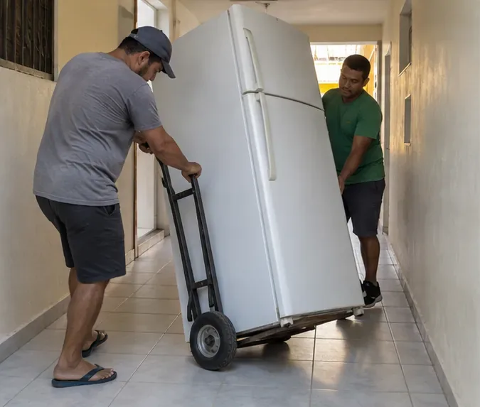 Duas pessoas transportando uma geladeira intacta em um carrinho por um corredor