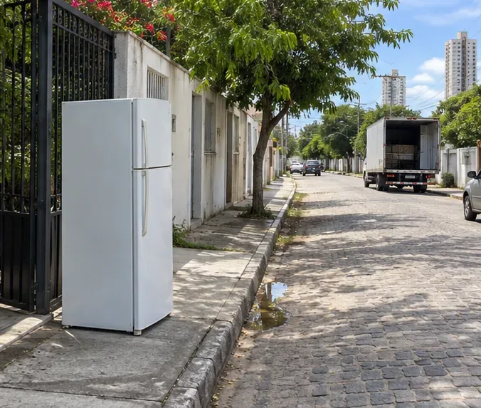 Geladeira intacta junto a um portão em rua residencial com caminhão ao fundo