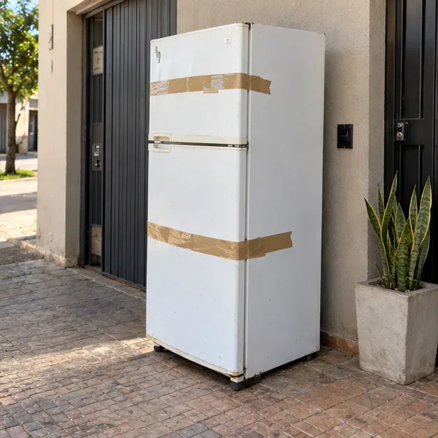 Geladeira mantida na vertical e com as portas presas por fita para facilitar o manuseio.