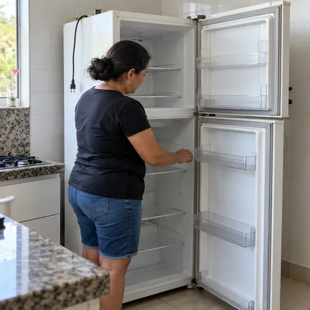 Geladeira desligada e vazia, com as prateleiras sendo conferidas antes da coleta.