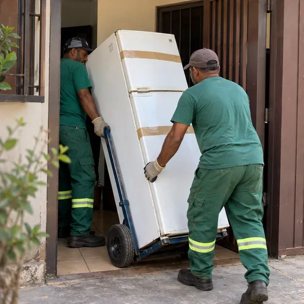 Dois trabalhadores deslocam uma geladeira na vertical com um carrinho de transporte.