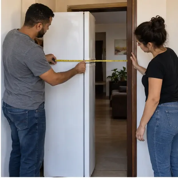 Duas pessoas medindo a largura de uma geladeira diante de uma porta de apartamento