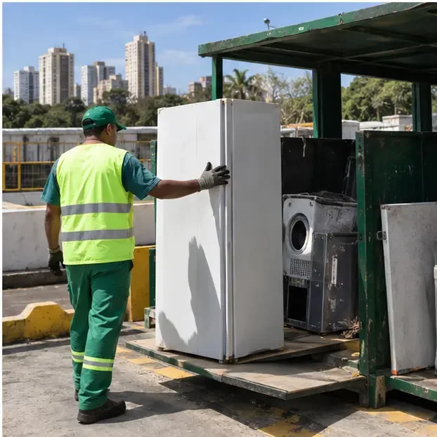 Funcionário usando colete refletivo recebendo uma geladeira em um ponto municipal de entrega de resíduos