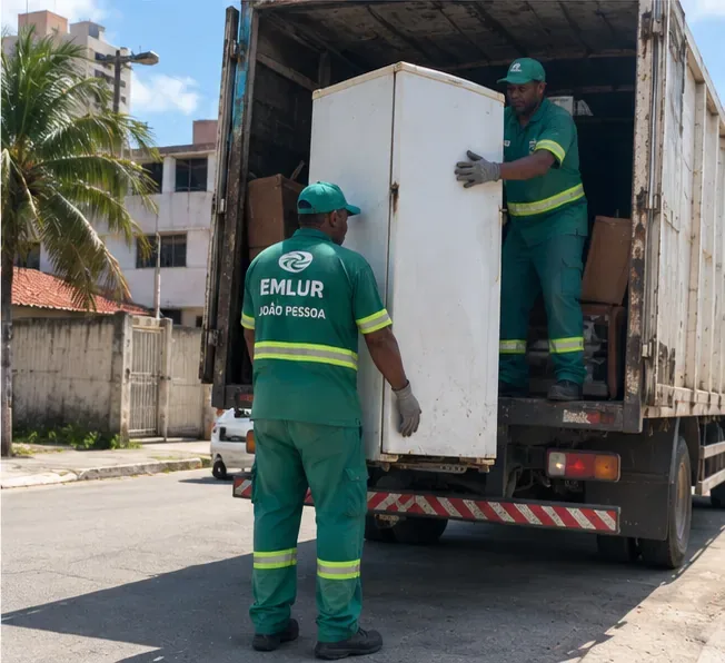Trabalhadores de limpeza urbana carregam uma geladeira antiga em um caminhão de coleta