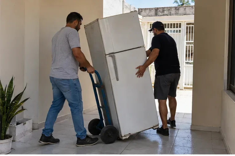 Duas pessoas transportam uma geladeira usada com um carrinho de carga para retirá-la de uma residência