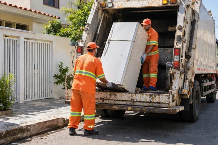 Equipe de limpeza urbana coloca uma geladeira usada em caminhão durante uma coleta de item volumoso