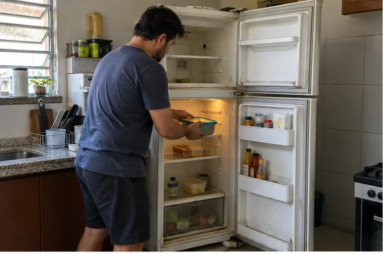 Morador esvazia uma geladeira antiga na cozinha antes de prepará-la para descarte em Maceió
