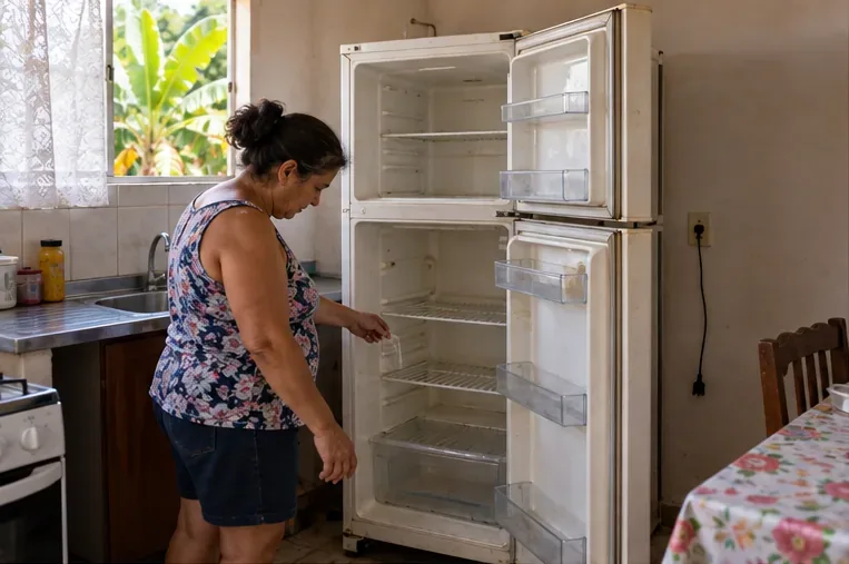 Moradora verifica uma geladeira doméstica vazia e aberta antes de encaminhá-la para descarte