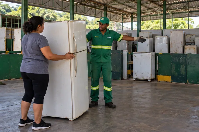 Funcionária de um centro de recebimento orienta uma moradora junto a uma geladeira