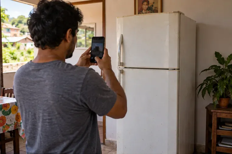 Morador fotografa uma geladeira inteira com o celular para registrar o pedido de coleta