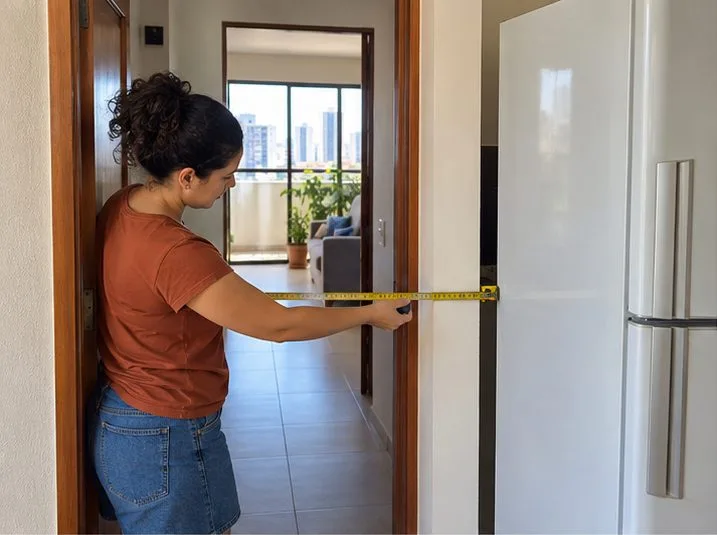 Uma pessoa mede a largura de uma porta ao lado de uma geladeira para conferir se o aparelho consegue sair do imóvel