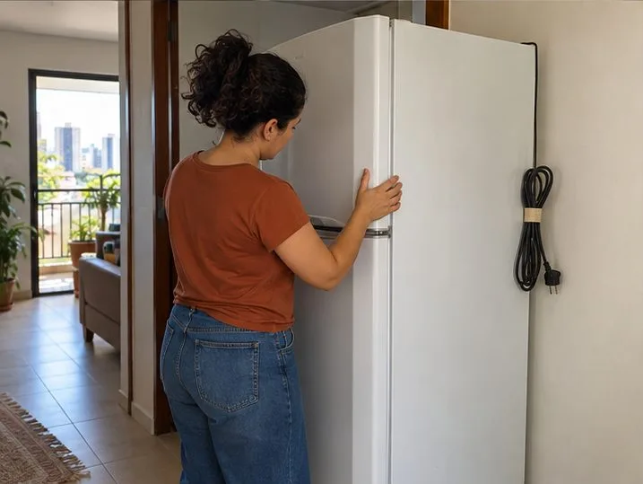 Uma pessoa mantém a geladeira desligada e segura a porta antes de movimentar o aparelho