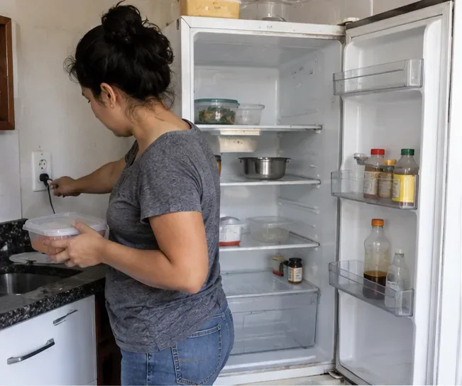 Moradora esvaziando uma geladeira aberta e retirando o plugue da tomada antes do descarte