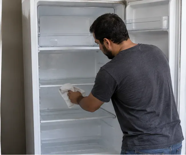 Pessoa limpando com pano o interior vazio de uma geladeira antes da coleta