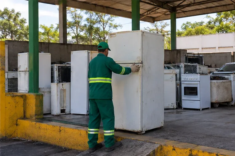 Trabalhador recebe uma geladeira usada em área coberta com outros eletrodomésticos para destinação adequada