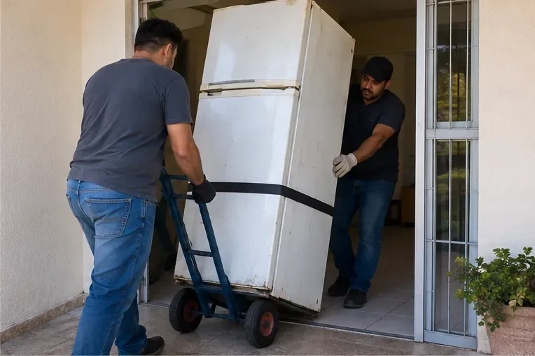 Duas pessoas retiram uma geladeira antiga de uma casa usando carrinho de carga e cinta de segurança