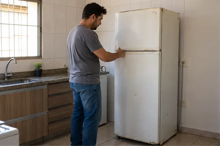 Homem verifica uma geladeira branca antiga ainda dentro da cozinha antes do descarte