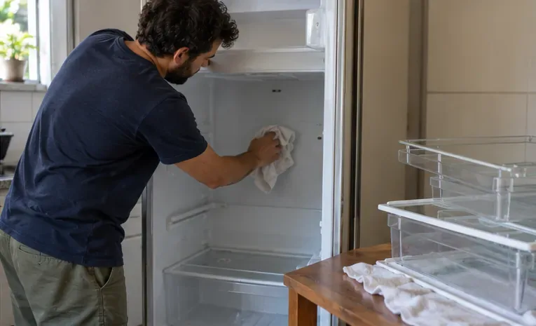 Pessoa limpa o interior de uma geladeira descongelada com um pano