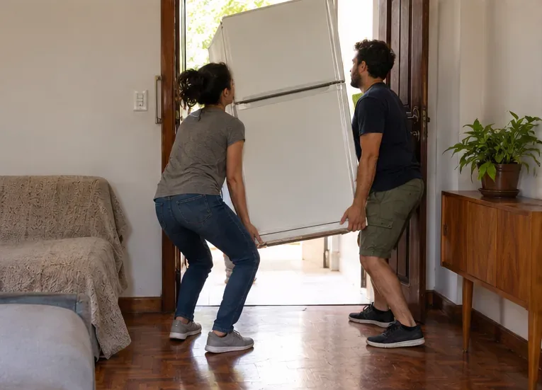 Duas pessoas movimentam uma geladeira pelas portas de um apartamento