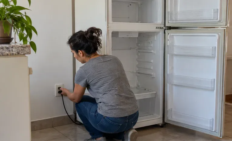 Moradora desliga da tomada uma geladeira vazia antes da limpeza e retirada